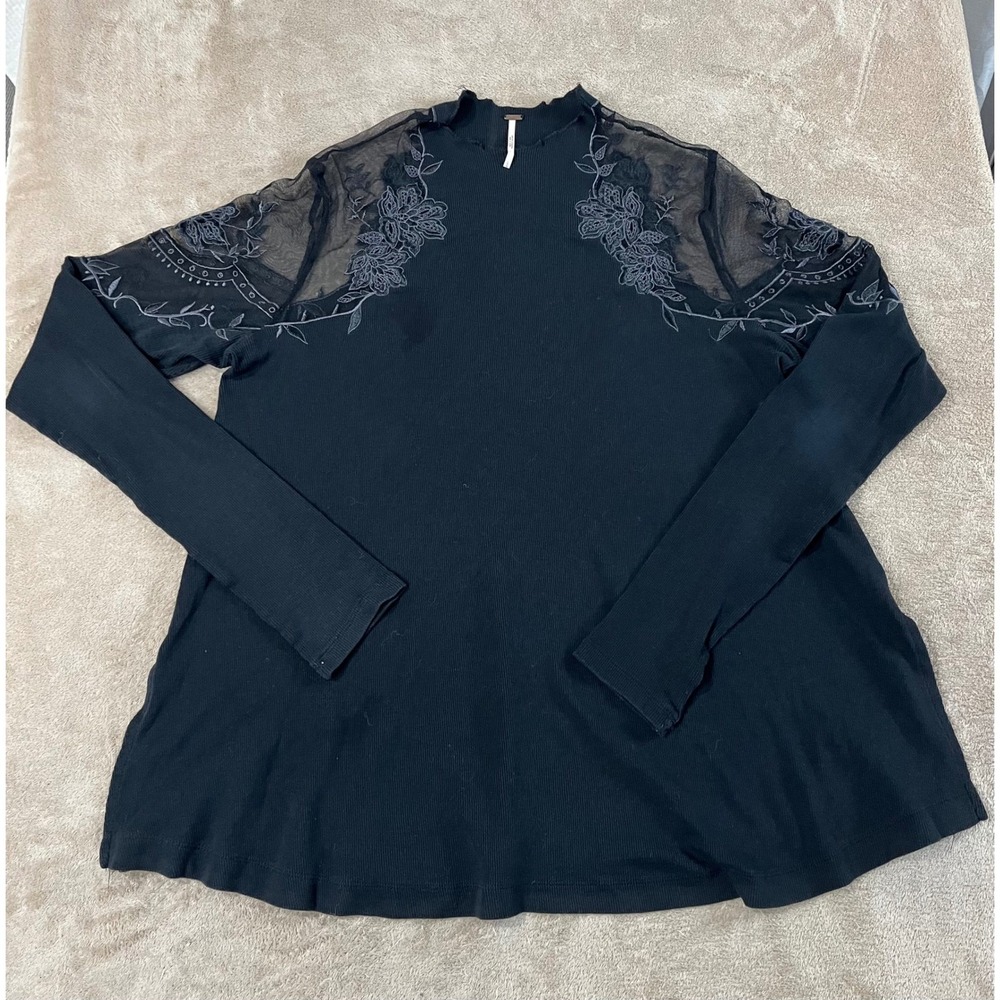 Free People Daniella Top Women Size Large Black Flora Ribbed Long Sleeve euc
